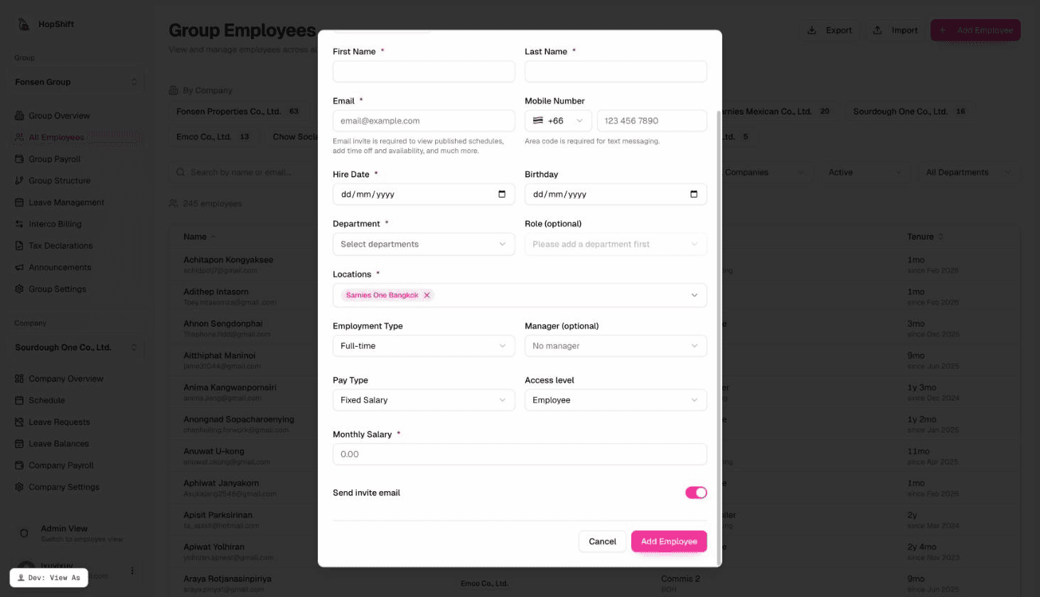 Bottom of the Add Employee form with Send invite email toggle and Add Employee button