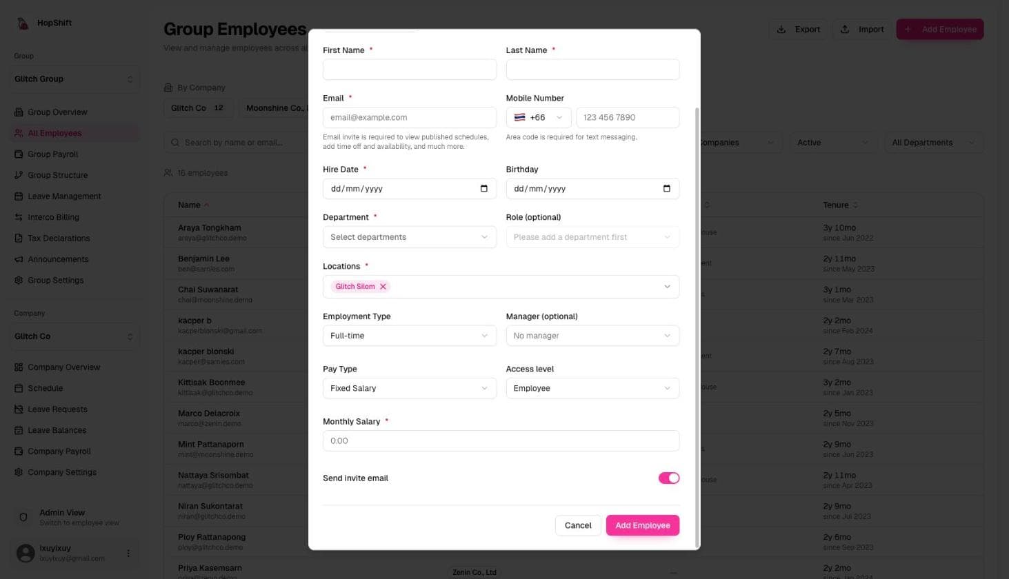 Bottom of the Add Employee form with Send invite email toggle and Add Employee button