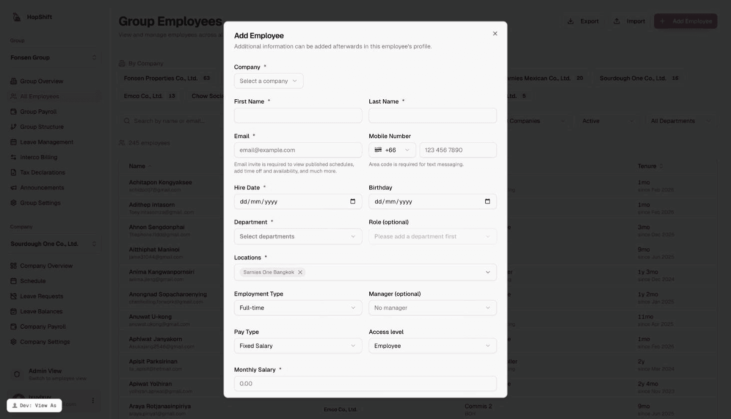 Add Employee modal showing required fields