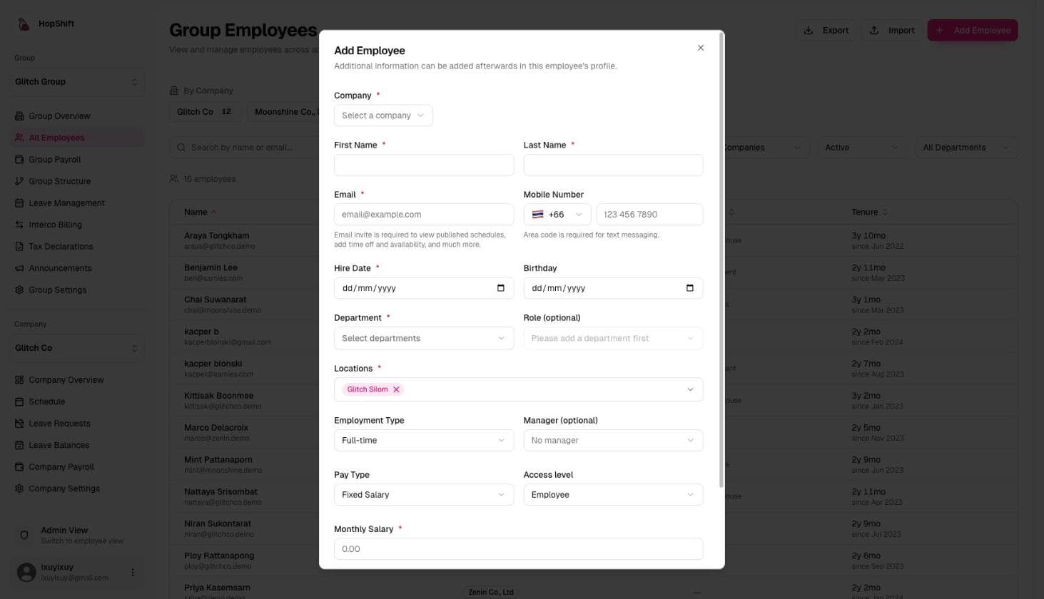 Add Employee modal showing required fields