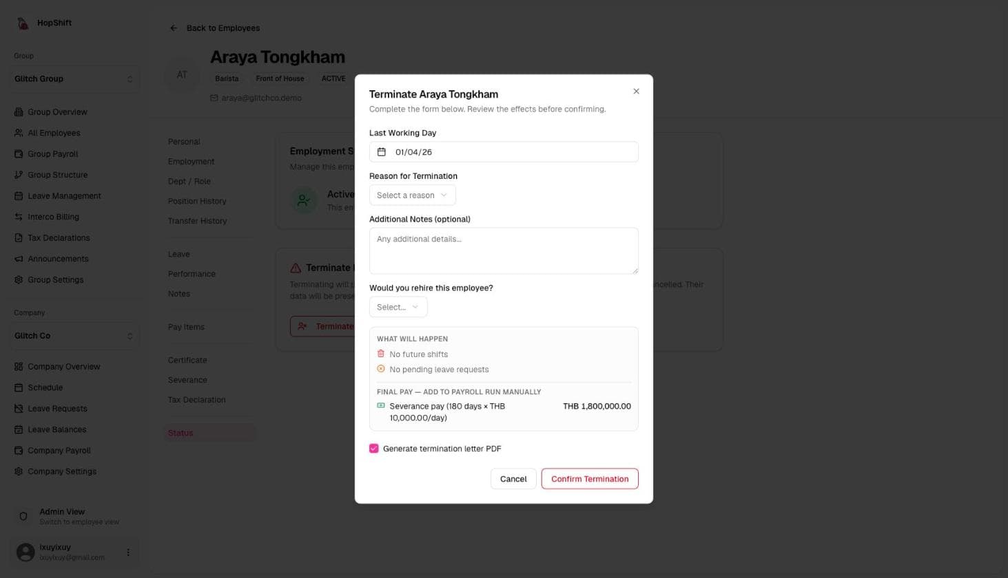 Termination confirmation dialog with date and reason fields