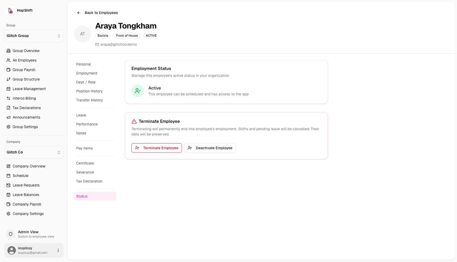 Employee status page showing the Terminate Employee button