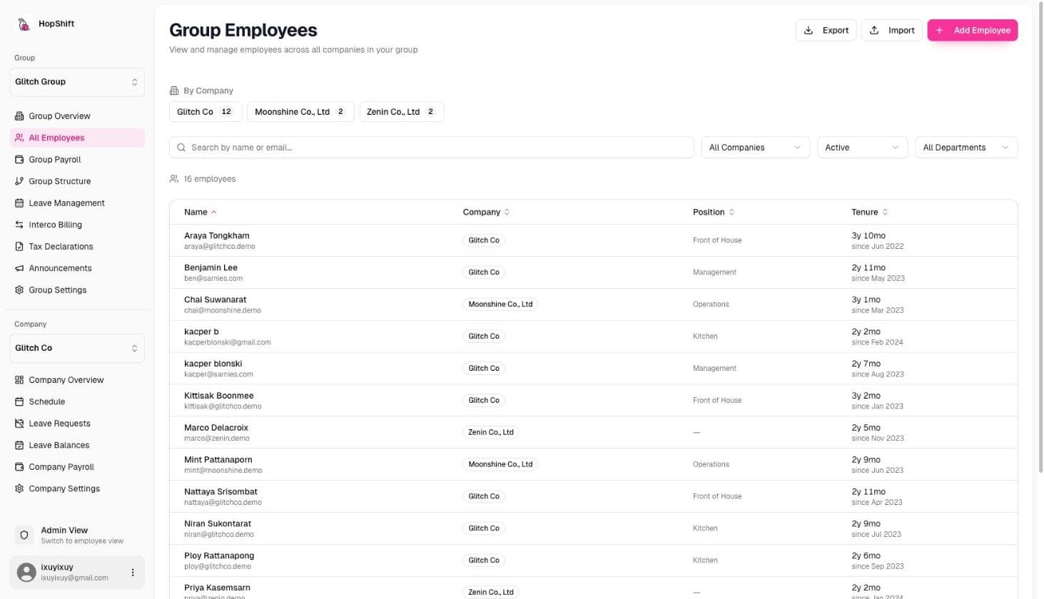 Group Employees page showing all companies and the Add Employee button