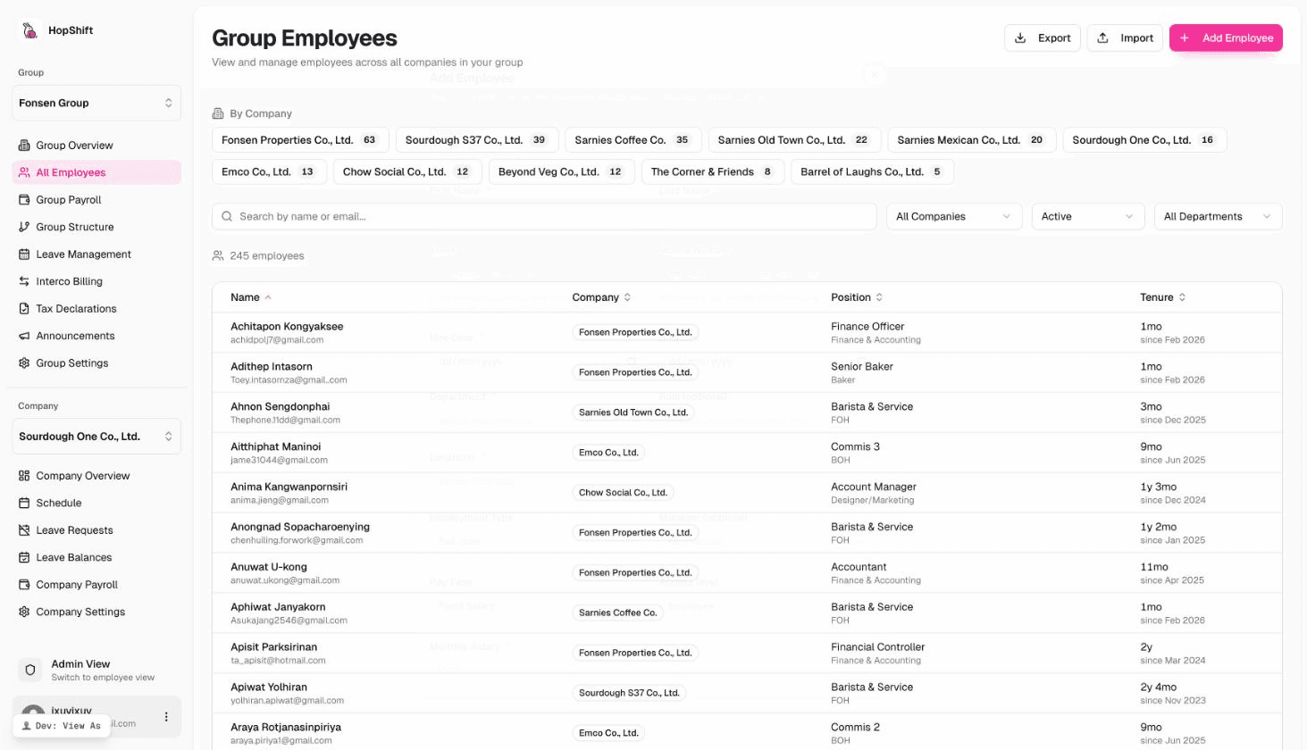 Group Employees page showing all companies and the Add Employee button