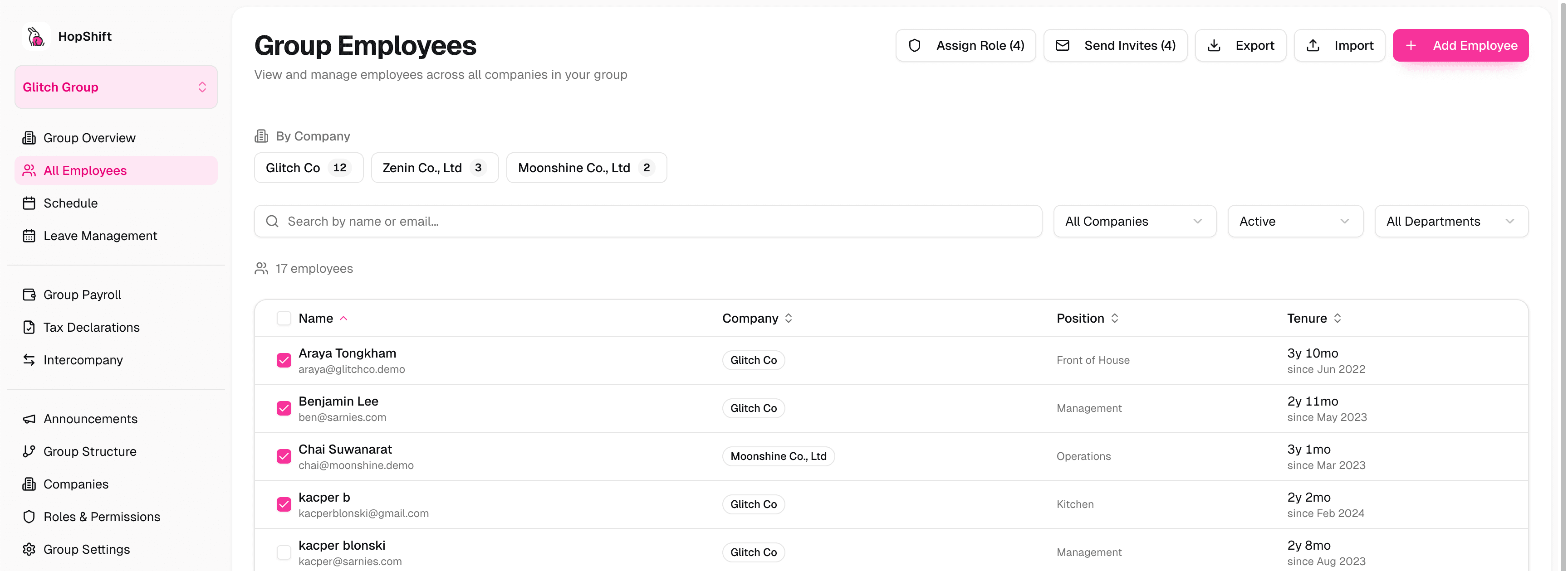 Send Invites button on the Group Employees page, visible top-right when employees are selected