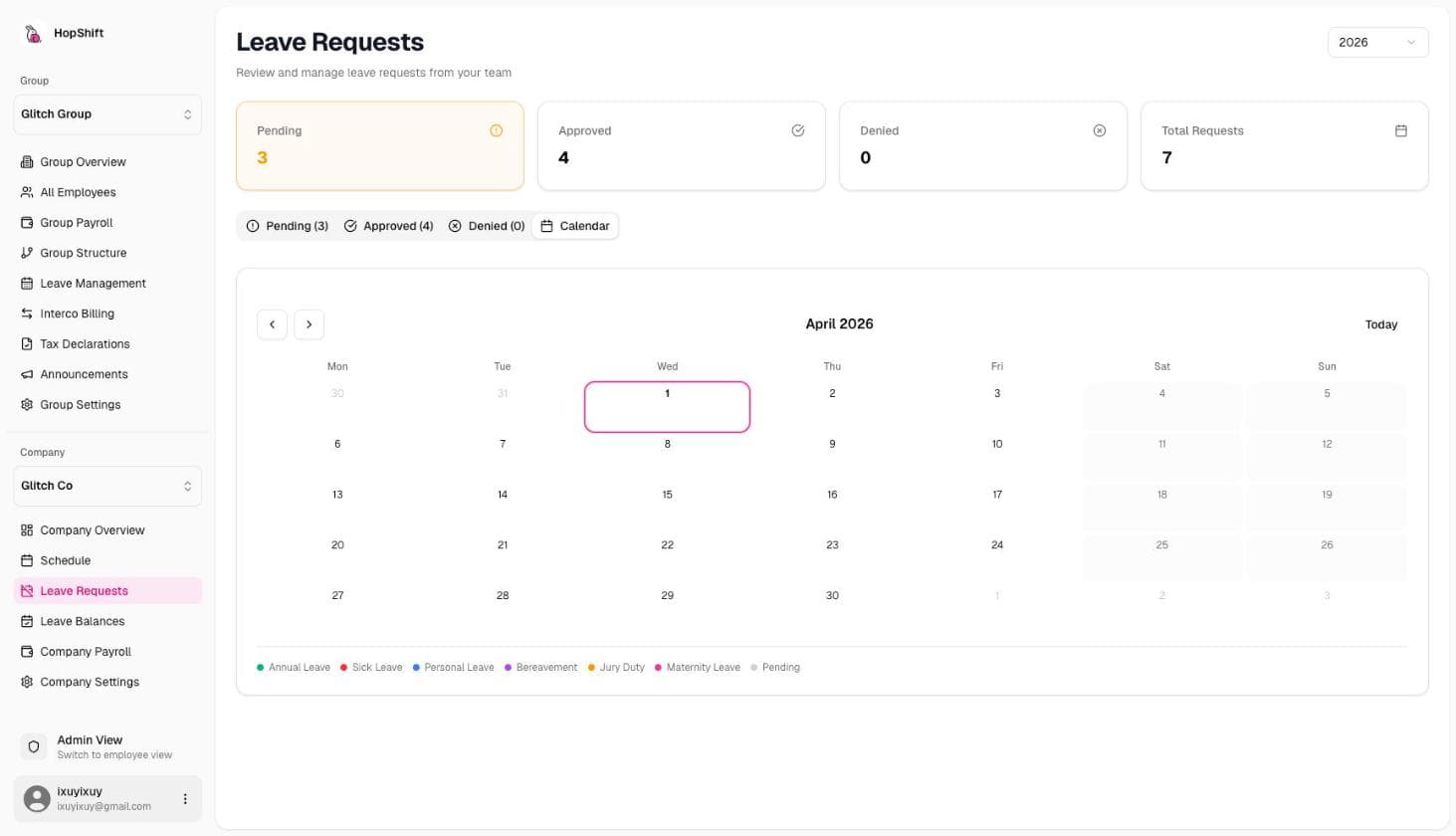 Leave calendar showing monthly view with approved leave blocks and public holidays