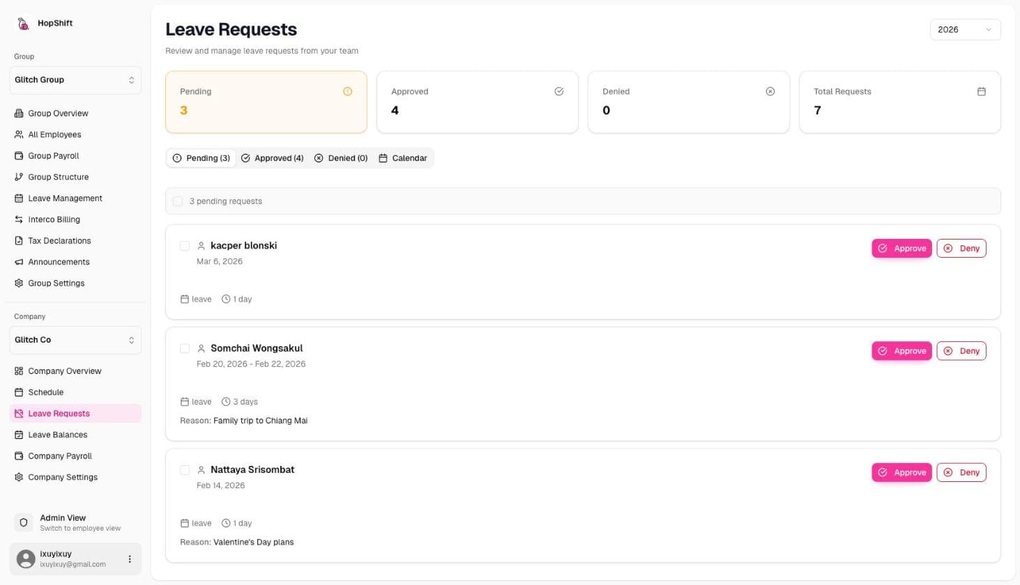 Leave Requests page showing pending, approved, and denied counts with the request list