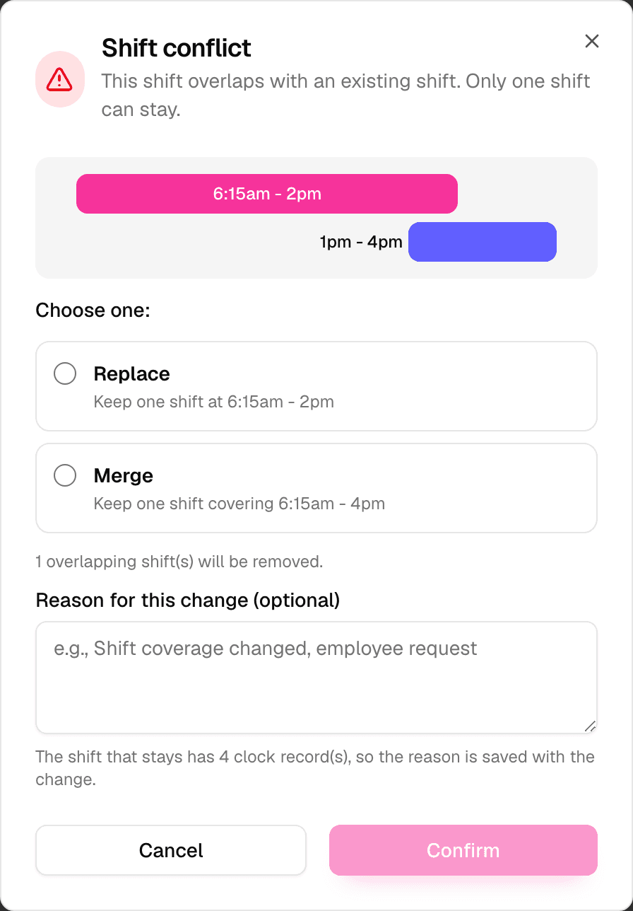 Overlap resolution showing Replace and Merge choices while preserving the shift with clock records