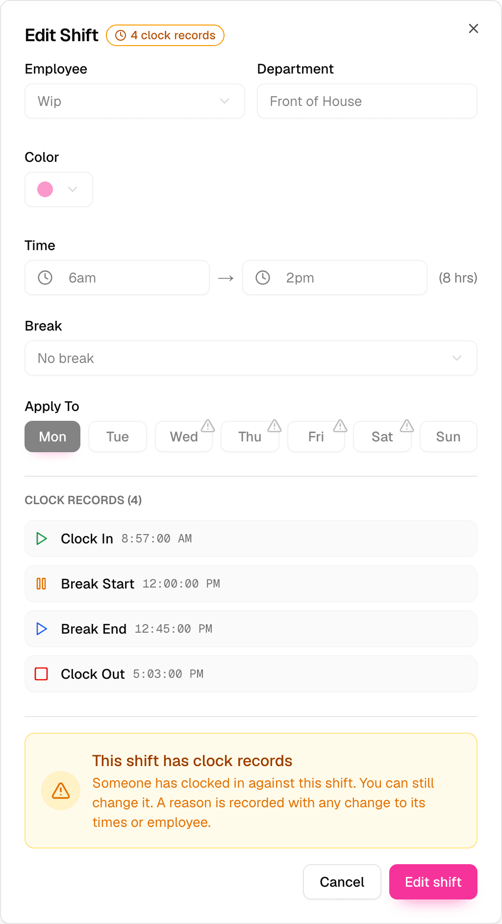 Protected shift showing its clock records and the Edit shift button